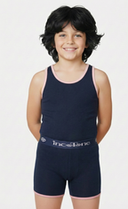 Child wearing a navy blue tank top and shorts with 'Incoline' branding on a white background