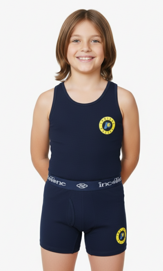 Child wearing a navy blue sleeveless top and shorts with a logo on a white background
