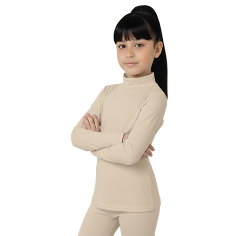 Girls' high-neck, long-sleeve, stretch cotton top