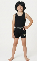 Child wearing black tank top and shorts with visible branding on a white background