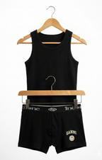 Black tank top and shorts set on hangers with 'Incotone' branding.