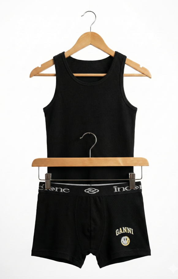 Black tank top and shorts set on hangers with 'Incotone' branding.