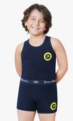 Child wearing a navy blue swim outfit with logos on a white background
