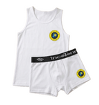 White tank top and boxer briefs set with logos on a white background