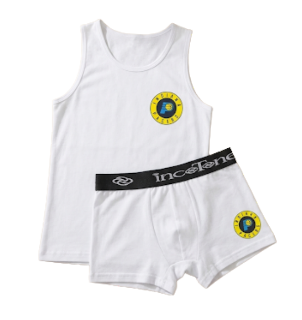 White tank top and boxer briefs set with logos on a white background
