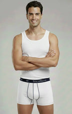 Man wearing a white tank top and underwear with 'Incotone' branding on a plain background