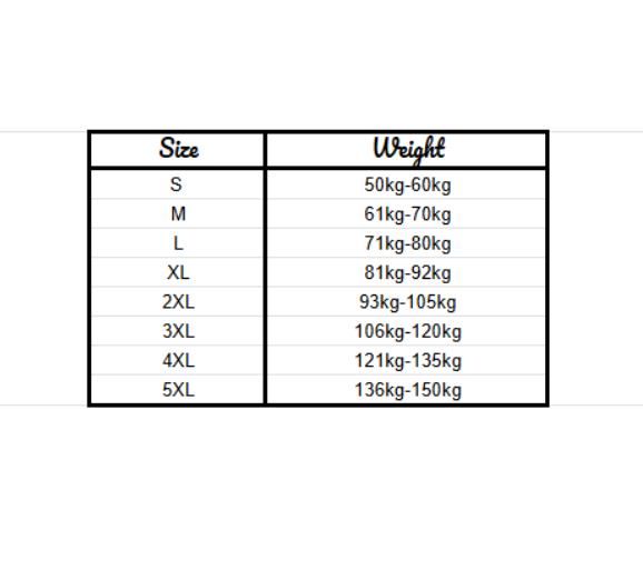 Table showing size and weight ranges for clothing or furniture.