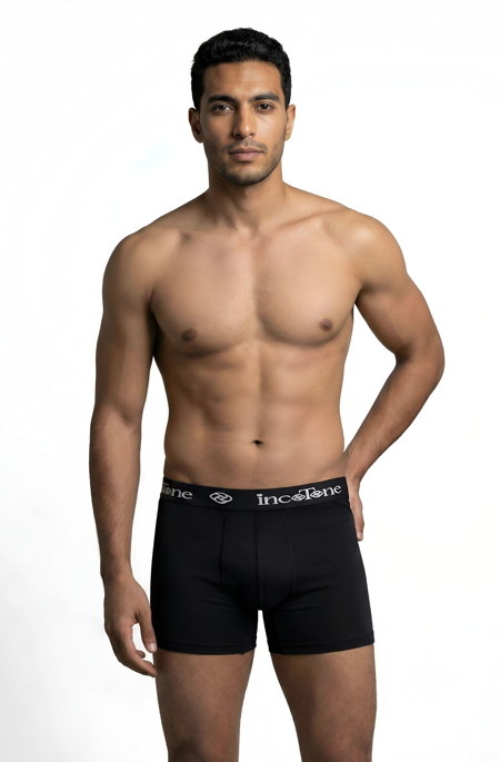 Man wearing black underwear with Incotone branding on a white background