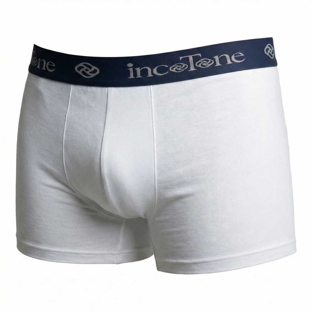 White boxer briefs with navy waistband featuring 'incoTone' branding on a white background
