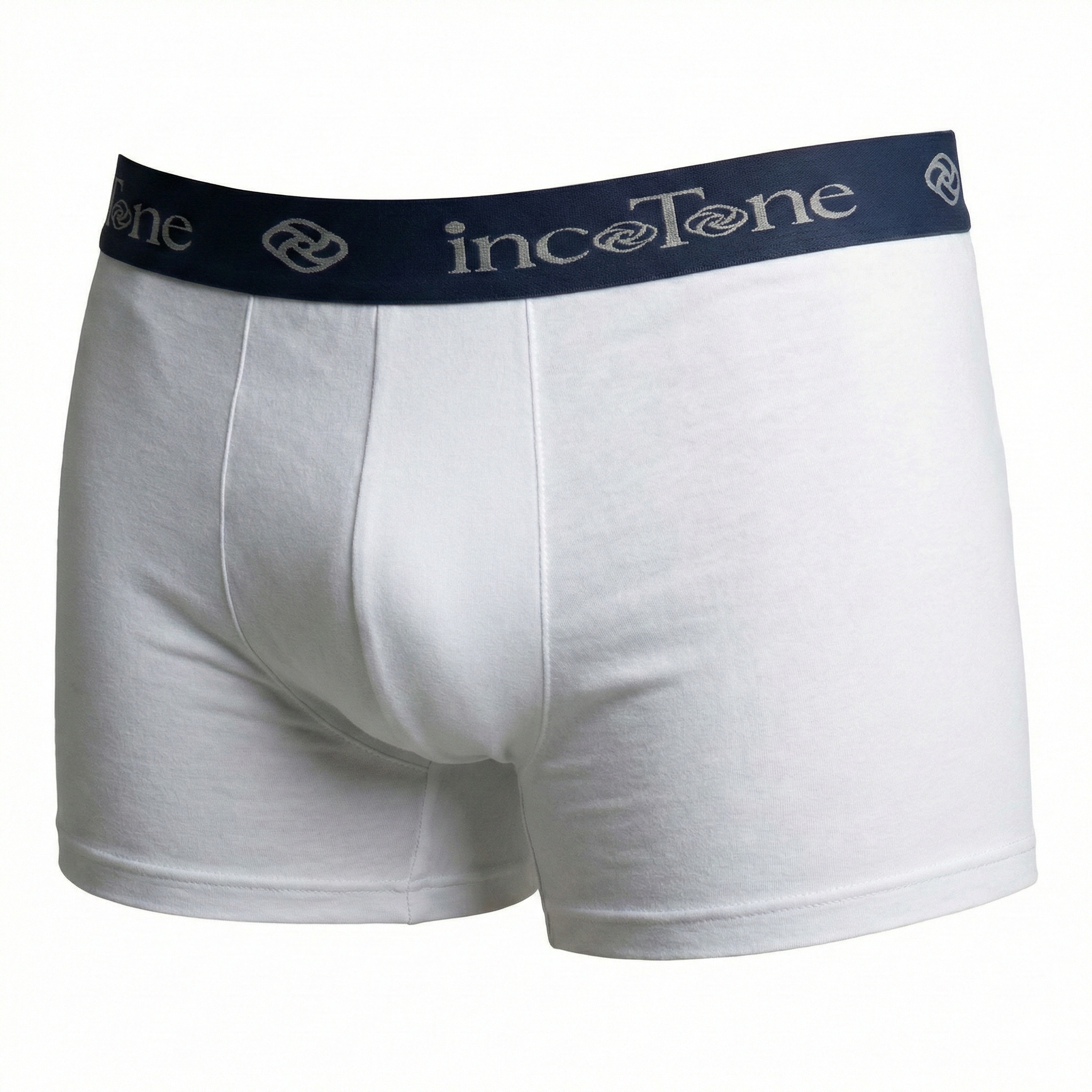 White boxer briefs with navy waistband featuring 'incoTone' branding on a white background